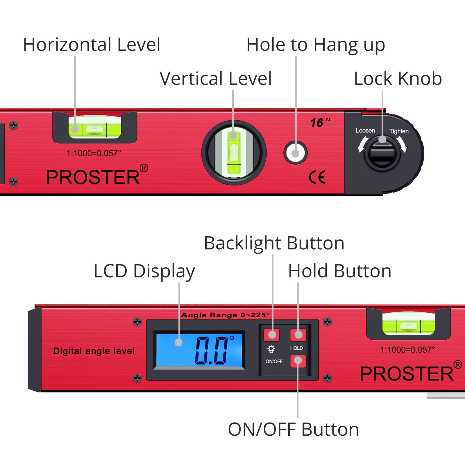 Proster 0-225°Digital Inclinometer Protractor Angle Finder