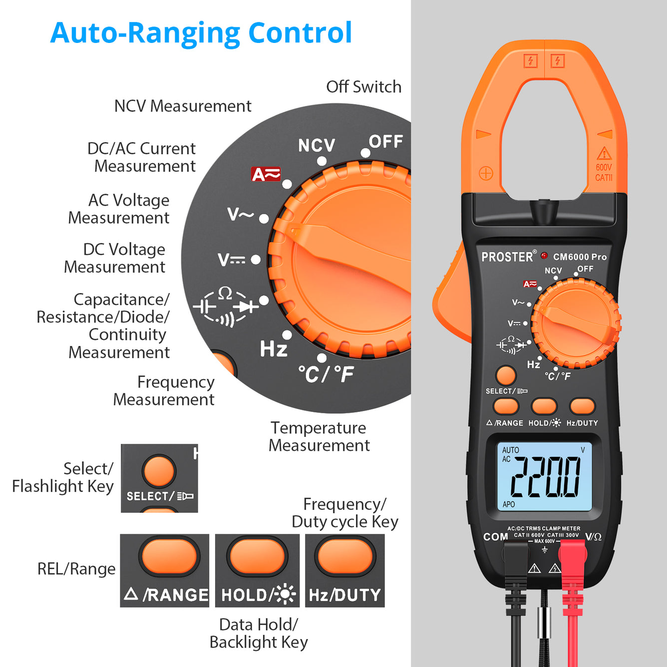 Proster Digital Clamp Meter TRMS Auto Ranging 5999 Counts Multimeter