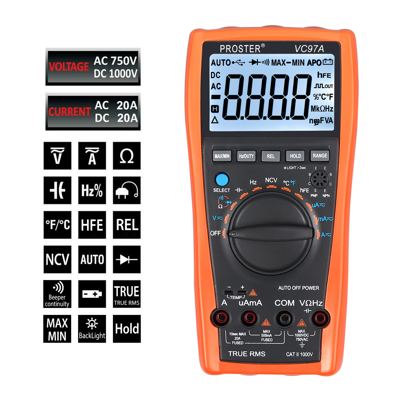 Proster Digital Multimeter 3999 VC97 LCD Auto Ranging Multi Meter CAT II