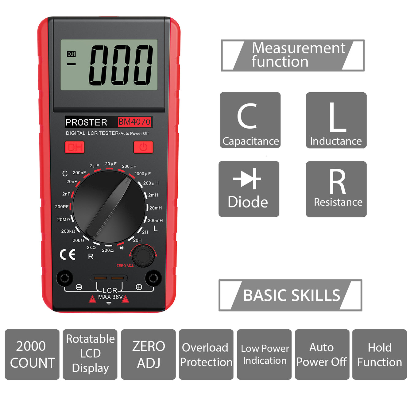 Proster LCR Meter Digital Capacitance Inductance Resistance Tester Red