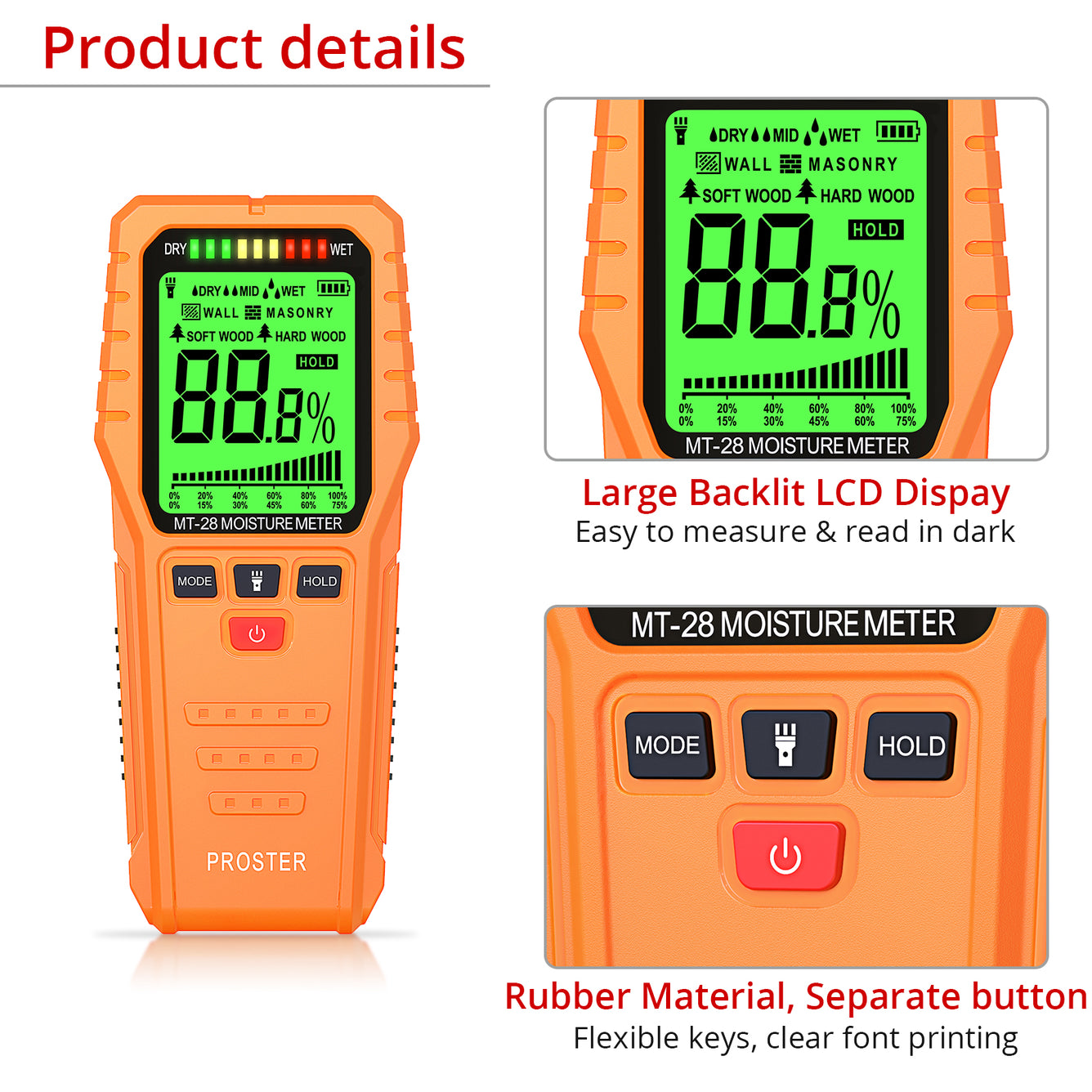 Proster Pinless Moisture Meters with Backlit LCD Screen