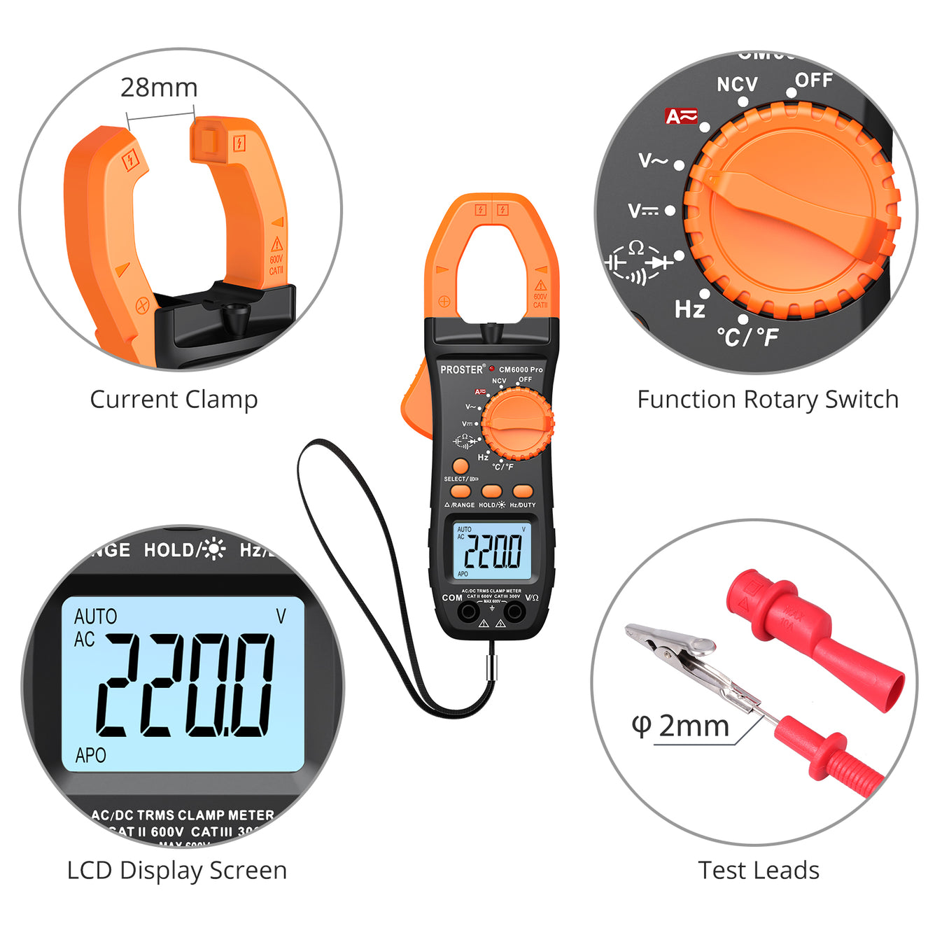 Proster Digital Clamp Meter TRMS Auto Ranging 5999 Counts Multimeter