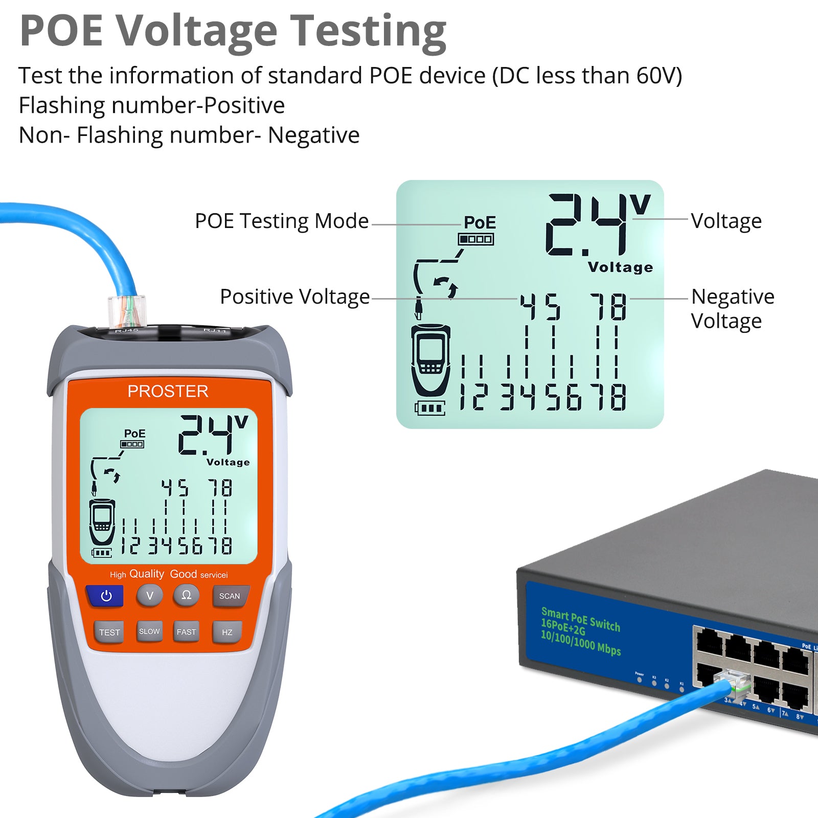 Proster Network Cable Tester LCD with POE Function Ethernet