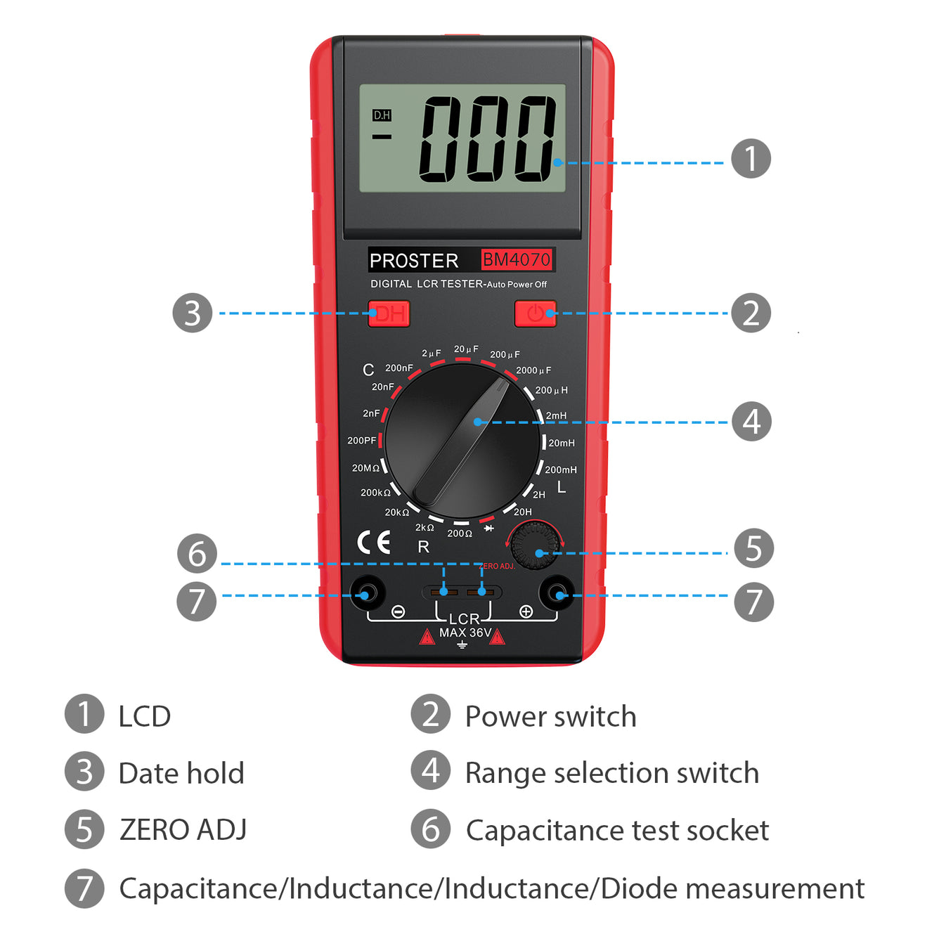 Proster LCR Meter Digital Capacitance Inductance Resistance Tester Red