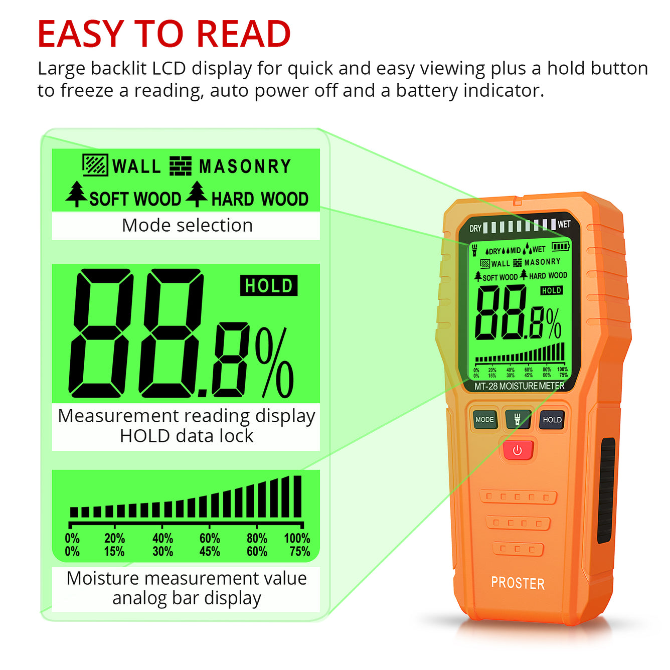 Proster Pinless Moisture Meters with Backlit LCD Screen