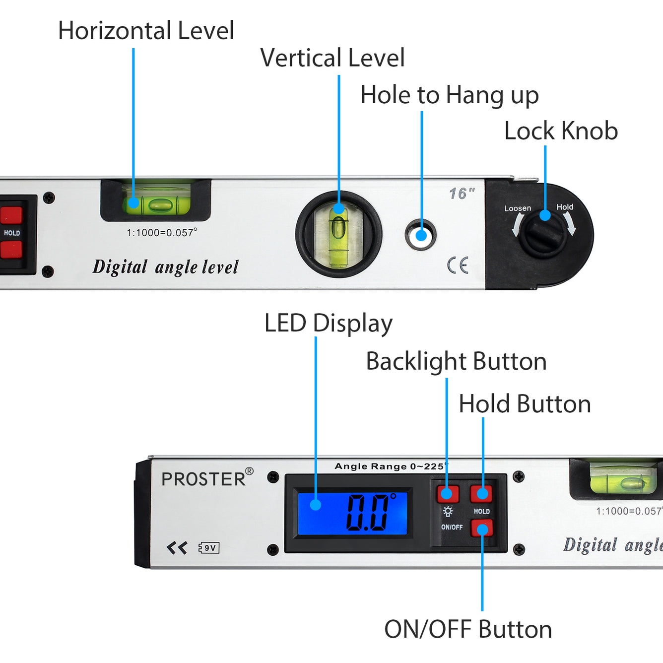 Proster 0-225°Digital Inclinometer Protractor Angle Finder US