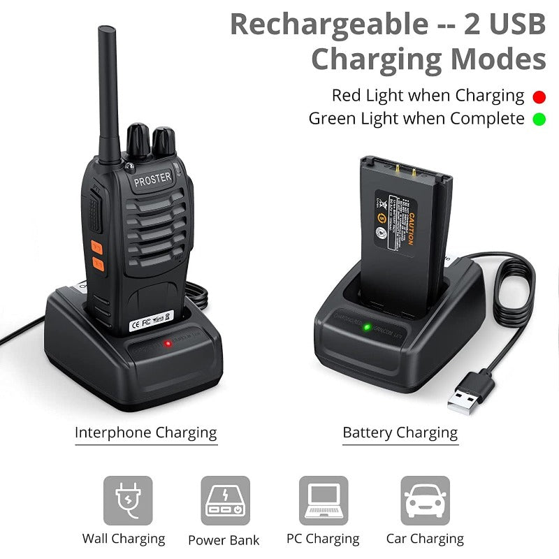 Set Di 4 Walkie Talkie Proster Ricaricabili, 16 Canali PMR446, Con Auricolari E Cavo USB. Torcia LED Integrata, Portatili E Leggeri. Ideali Per Campeggio, Sicurezza E Cantiere.