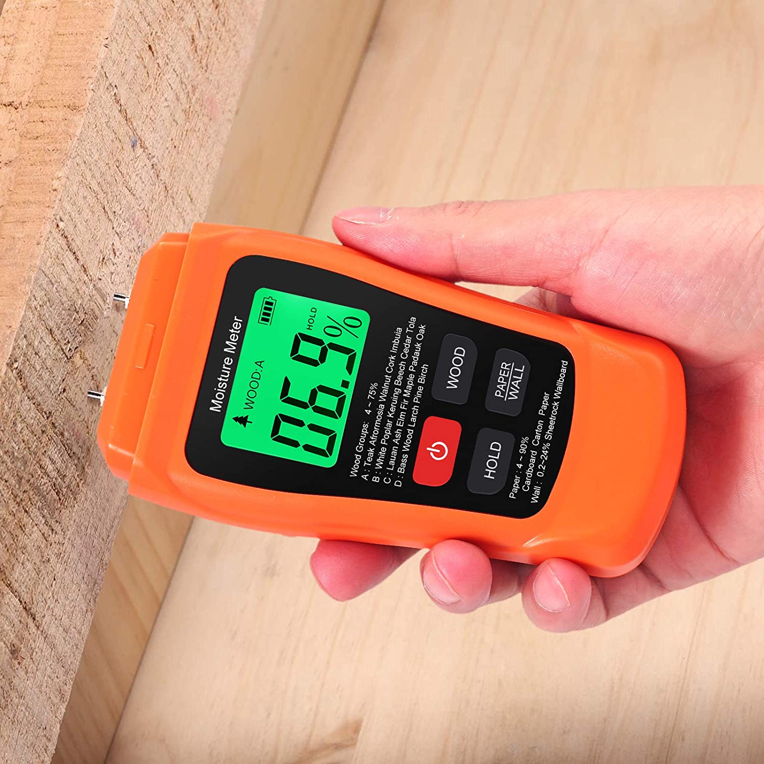 Proster Meter 0-90% Damp Meter Wood Wall Paper Moisture Tester Detector Humidity Measuring Orange