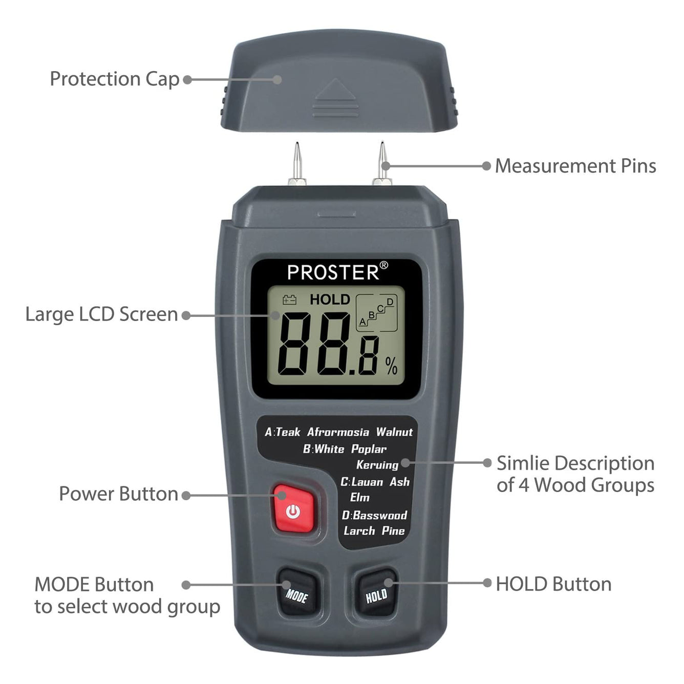 Proster RZMT-10 MD Digital Wood Moisture Meter Handheld Moisture Tester grey