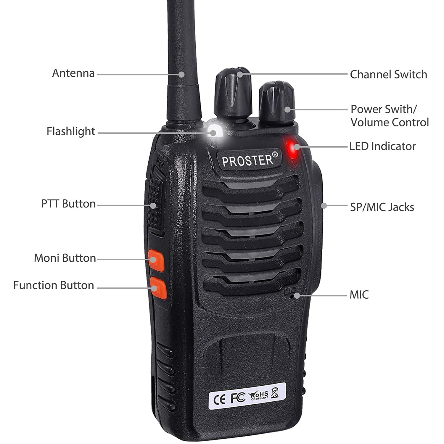 Proster Walkie Talkies 16 Channels with Voice Prompt Rechargeable Walky Talky 1 PCS