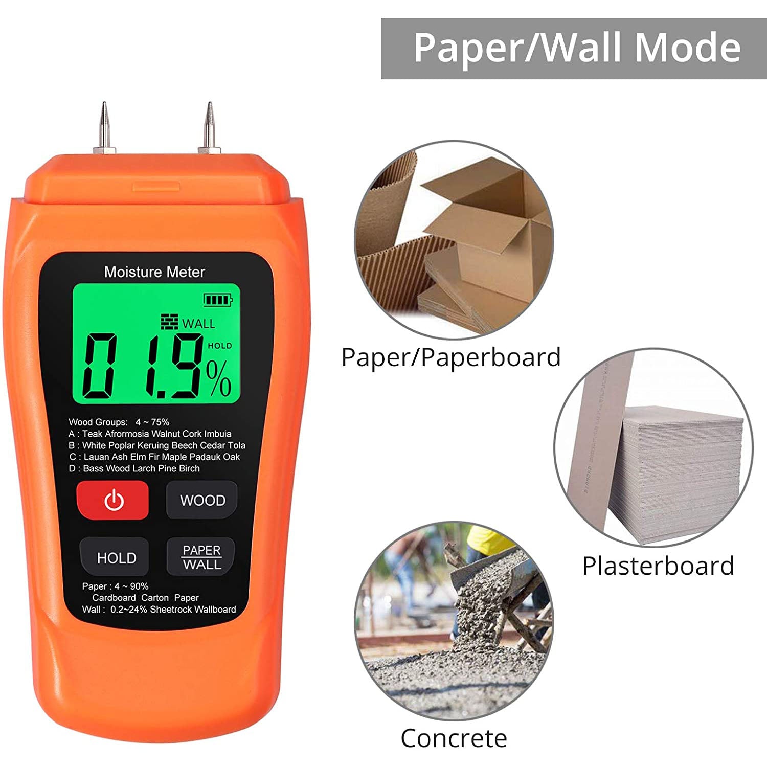Proster Meter 0-90% Damp Meter Wood Wall Paper Moisture Tester Detector Humidity Measuring Orange