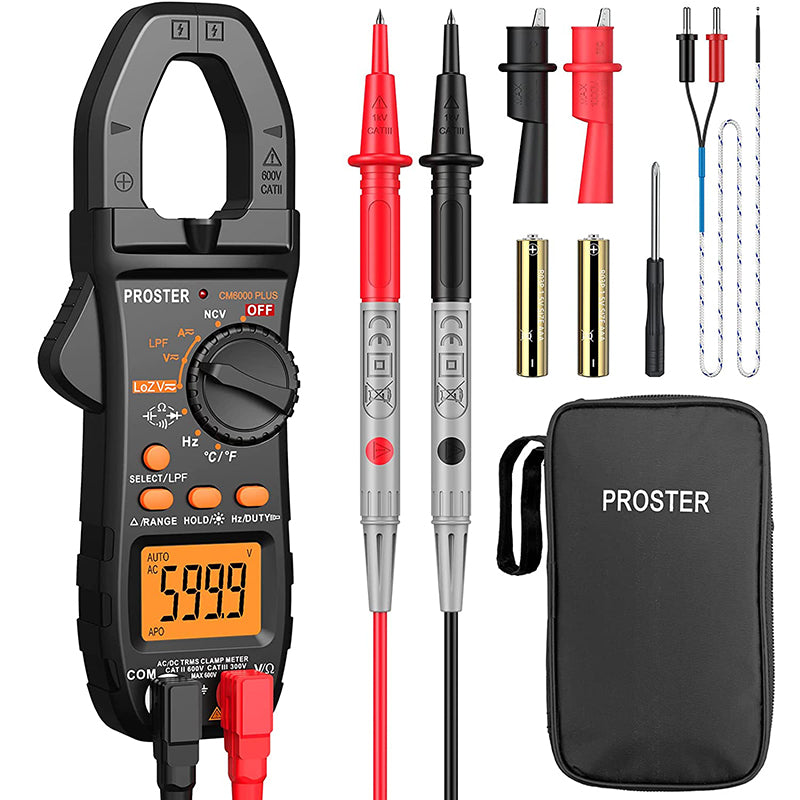 Proster Digital current clamp, DC/AC current, 800A TRMS, auto-range, 6000 counts, LPF LOZ, current meter multimeter with light for voltage, current, resistance, capacity, frequency passage, temperature Proster Digital current clamp, DC/AC current, 800A TRMS, auto-range, 6000 counts, LPF LOZ, current meter multimeter with light for voltage, current, resistance, capacity, frequency passage, temperature